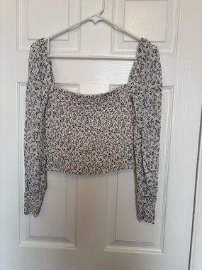 Reformation Pinto Smocked Floral Square-Neck Long Sleeve Top - Cream & Blue